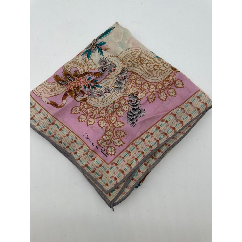 Oscar De La Renta Silk Scarf 30 x 30" Floral Pink Vintage - Picture 3 of 8